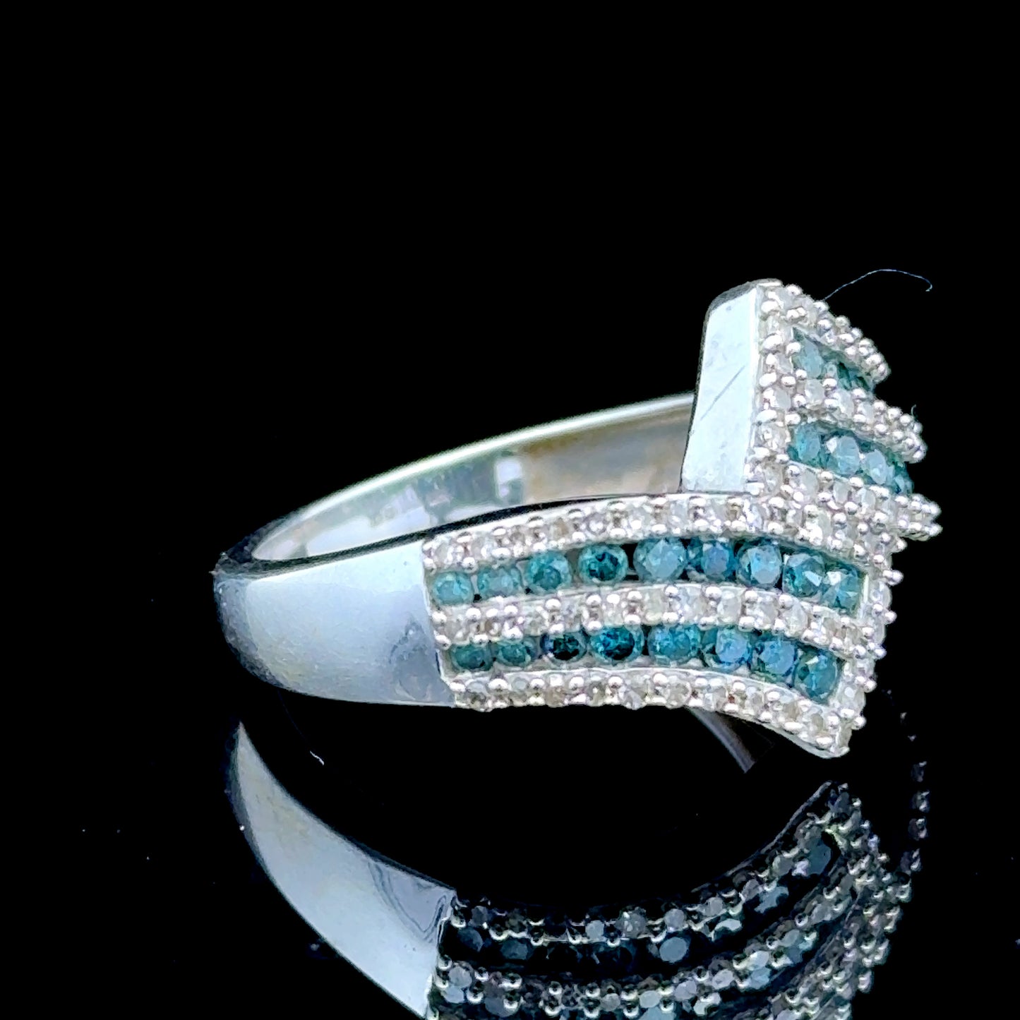 9K White Gold Blue & White Diamond Crossover Ring APPX 1.0 CTS