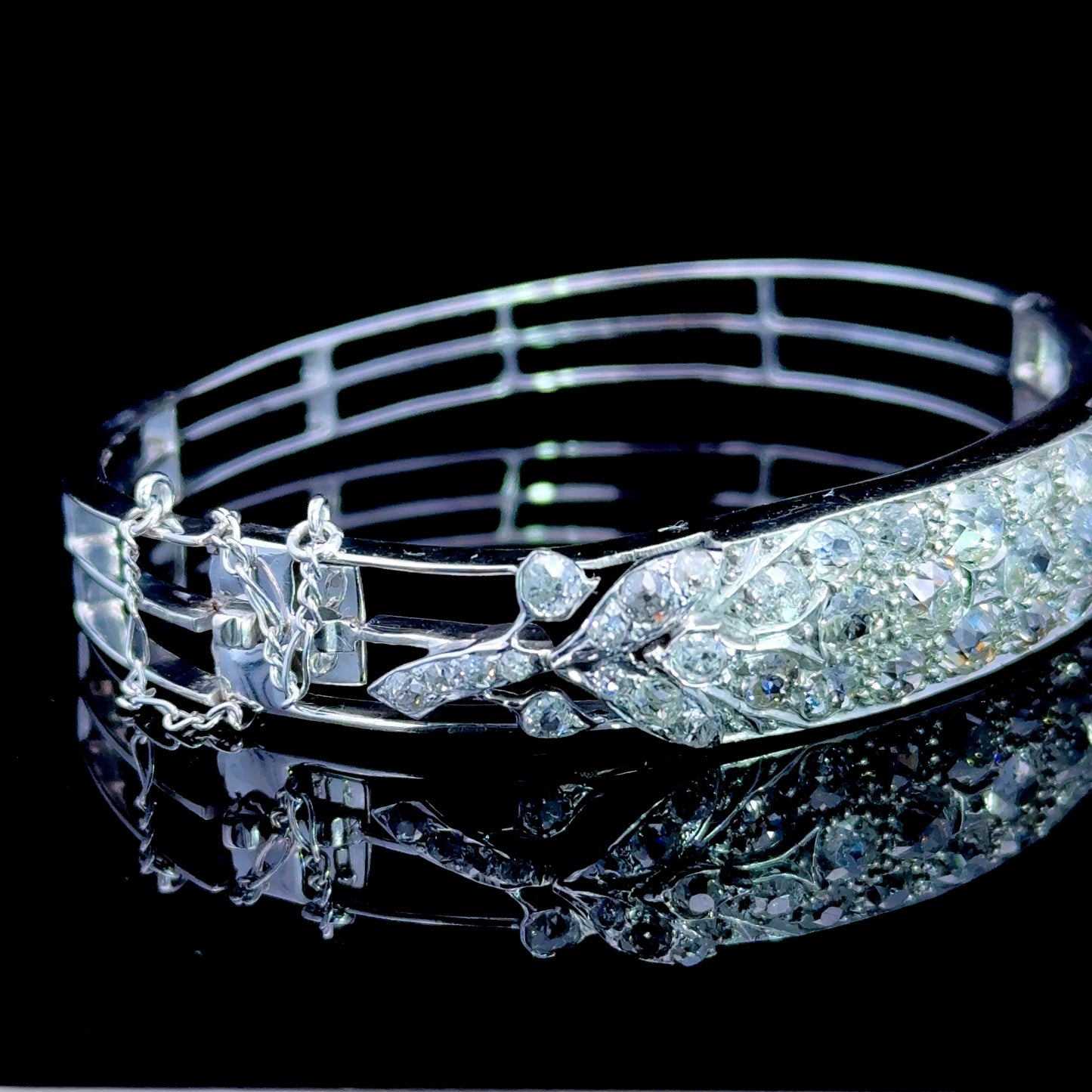 14K White Gold Old Cut Diamond Bangle APPX 4 CTS