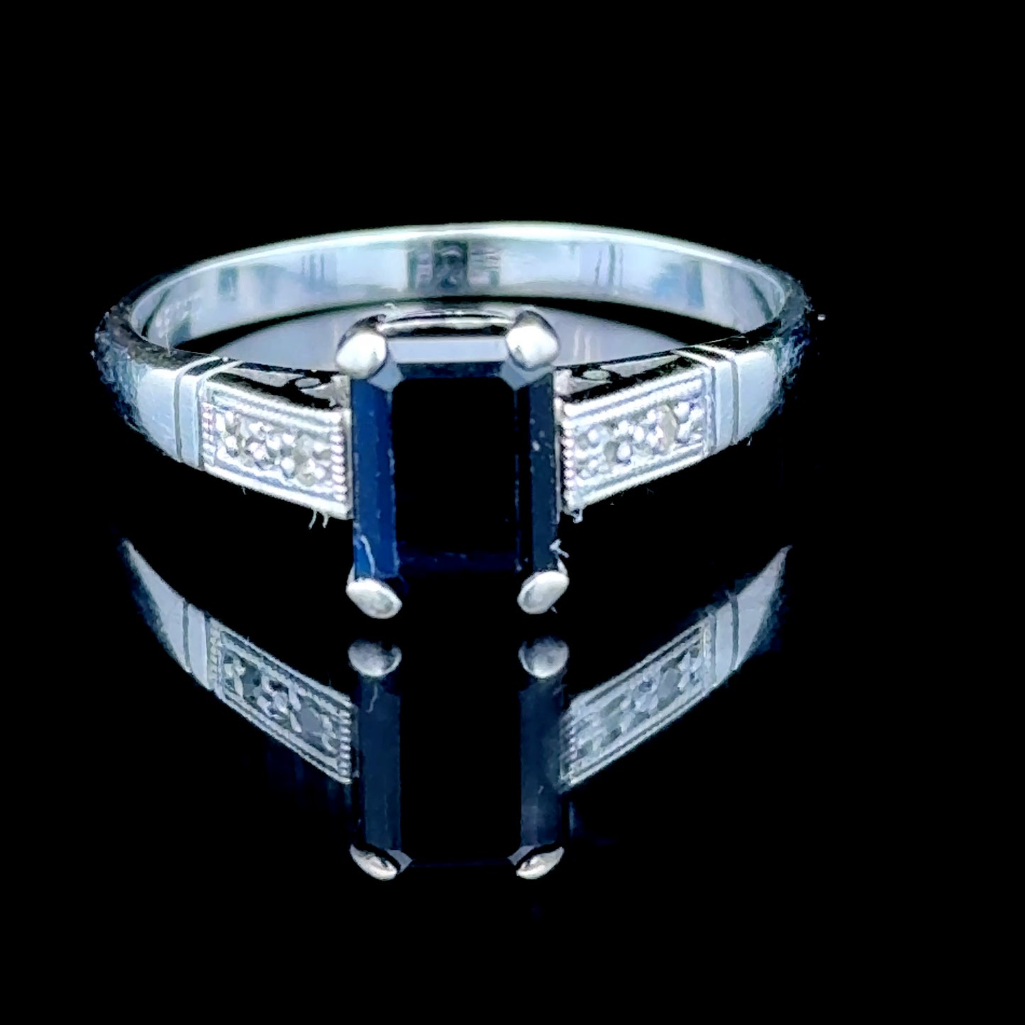 18K White Gold Emerald Cut Sapphire & Diamond Ring