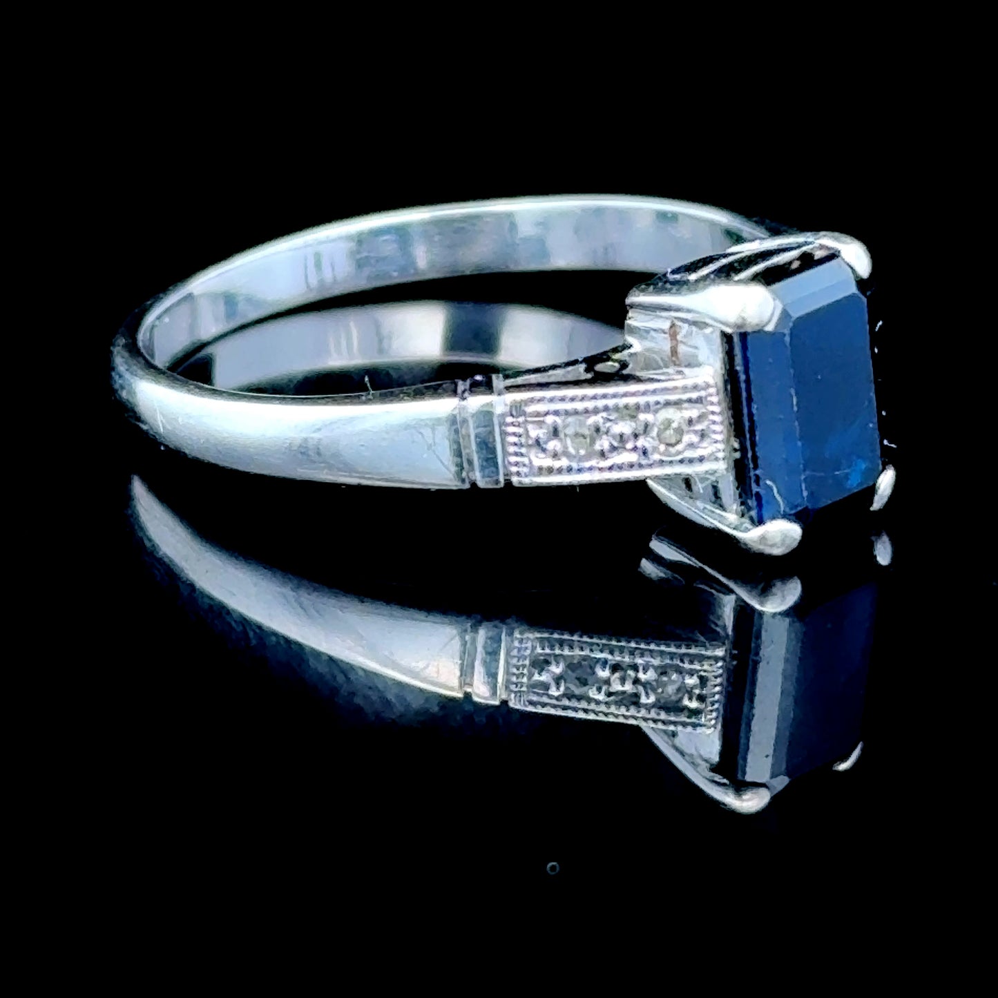 18K White Gold Emerald Cut Sapphire & Diamond Ring
