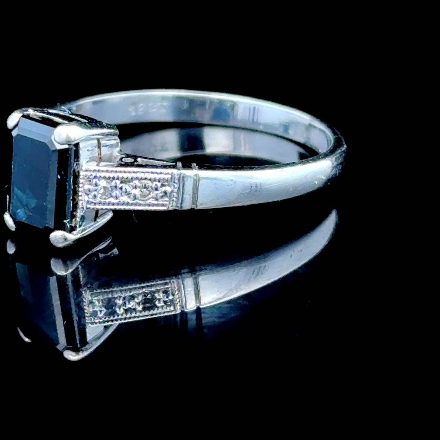 18K White Gold Emerald Cut Sapphire & Diamond Ring