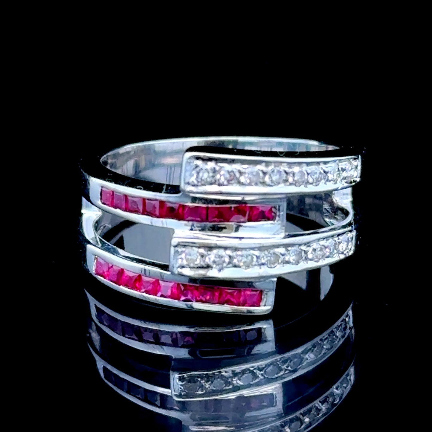 18k White Gold Dual Band Ruby & Diamond Ring Size N