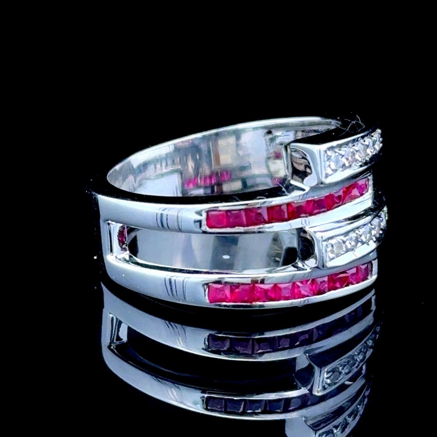 18k White Gold Dual Band Ruby & Diamond Ring Size N