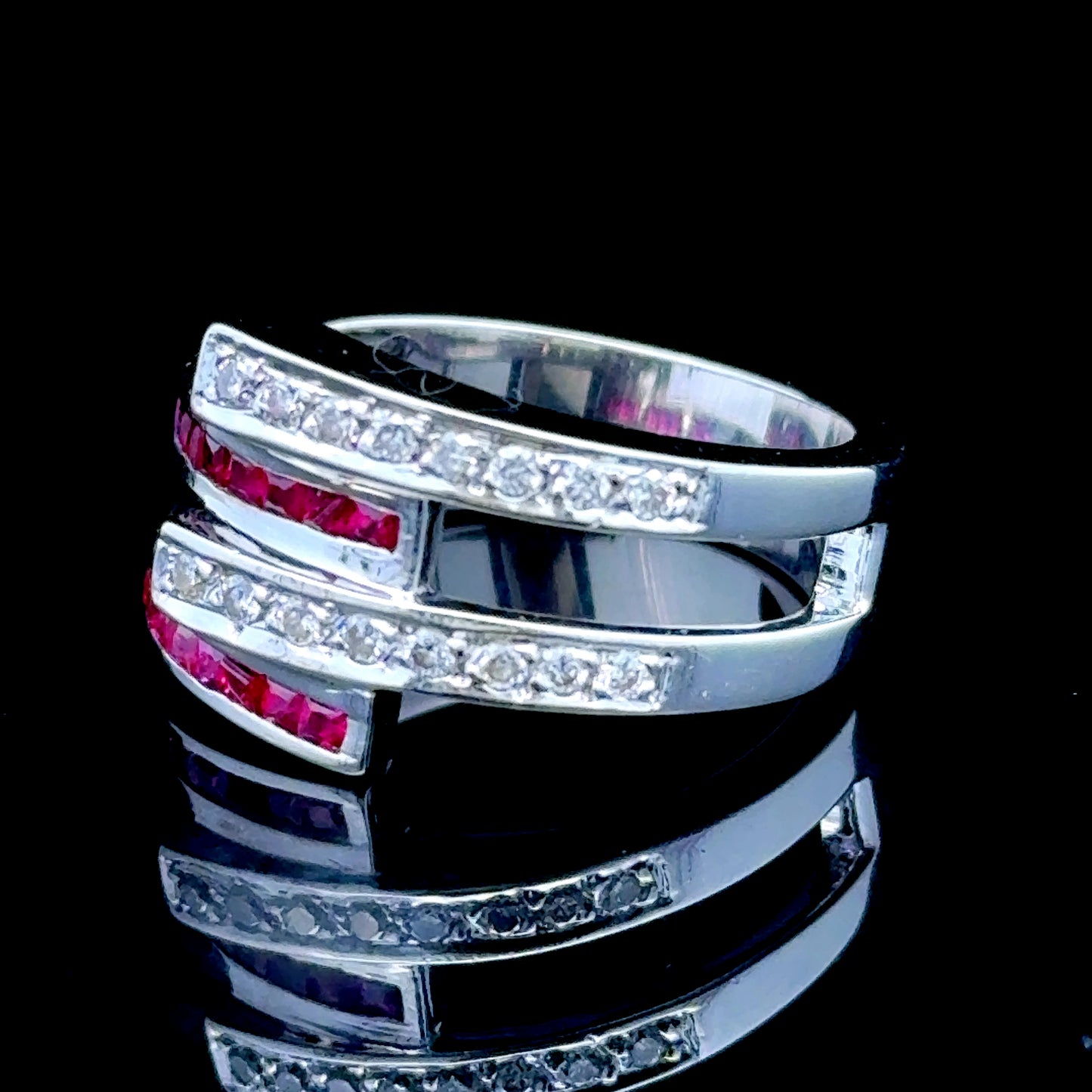 18k White Gold Dual Band Ruby & Diamond Ring Size N
