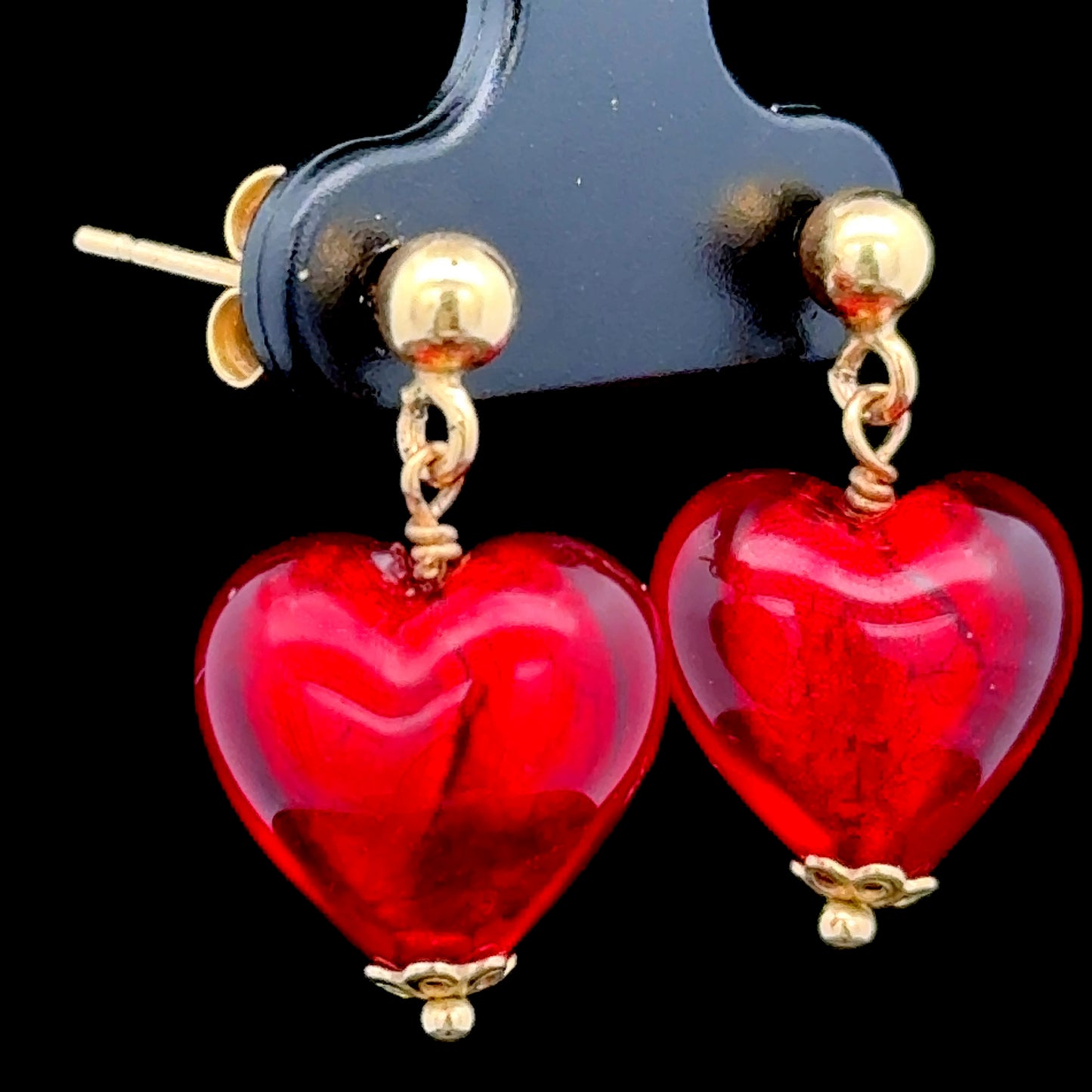 9K Gold Red Glass Heart-Shaped Earrings