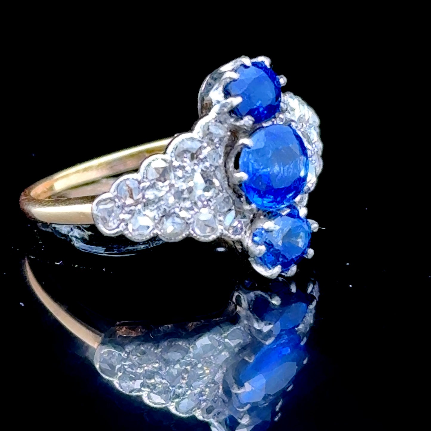 18K Yellow Gold Old Cut Diamond & Sapphire Ring APPX 1.0 CTS