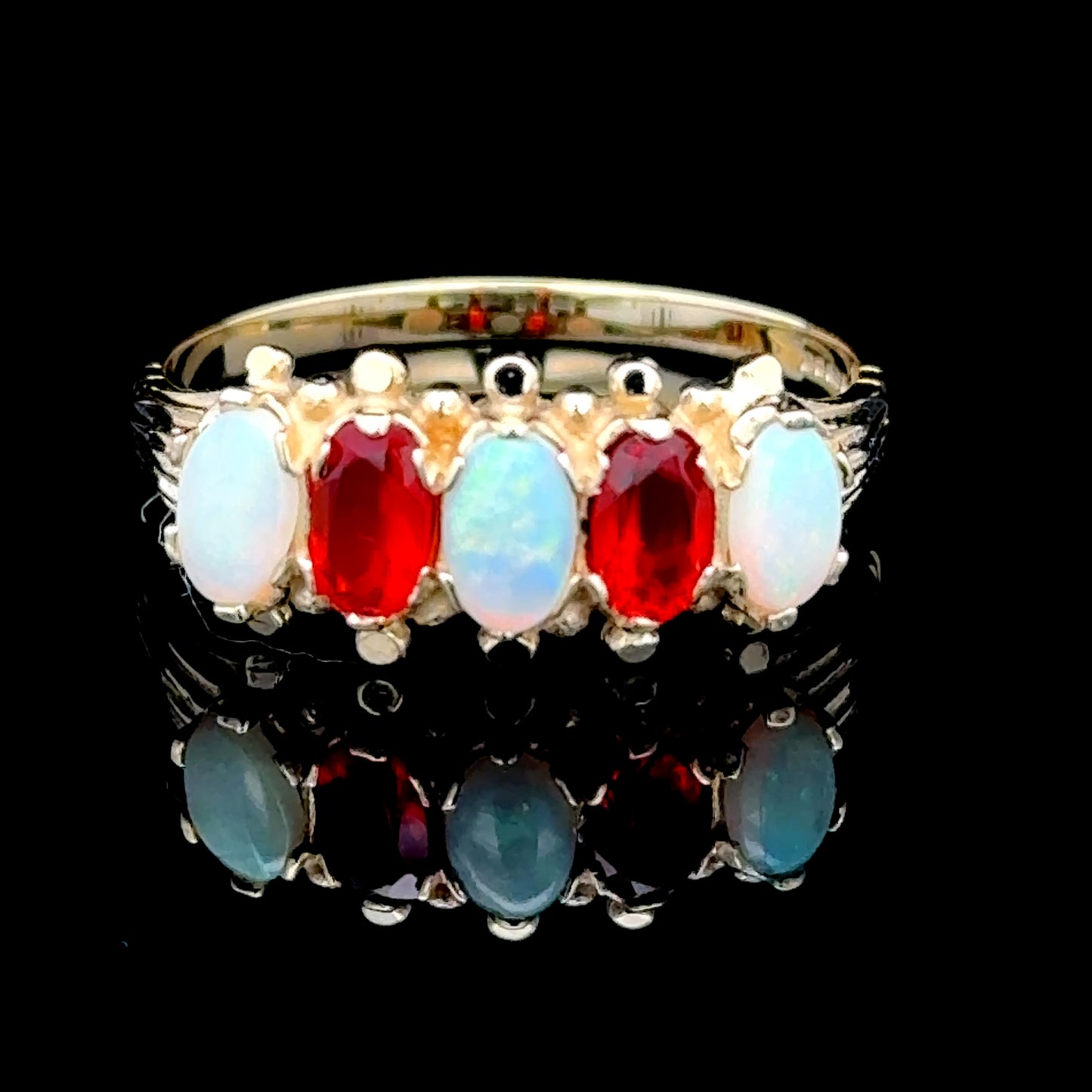 9K Gold opal & Fire Opal 5 Stone Ring Size P1/2