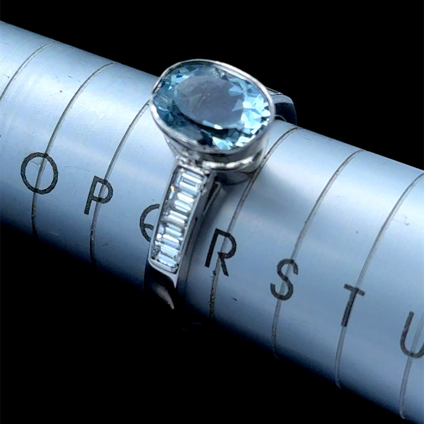 18K White Gold Baguette Diamond & Aqua Ring