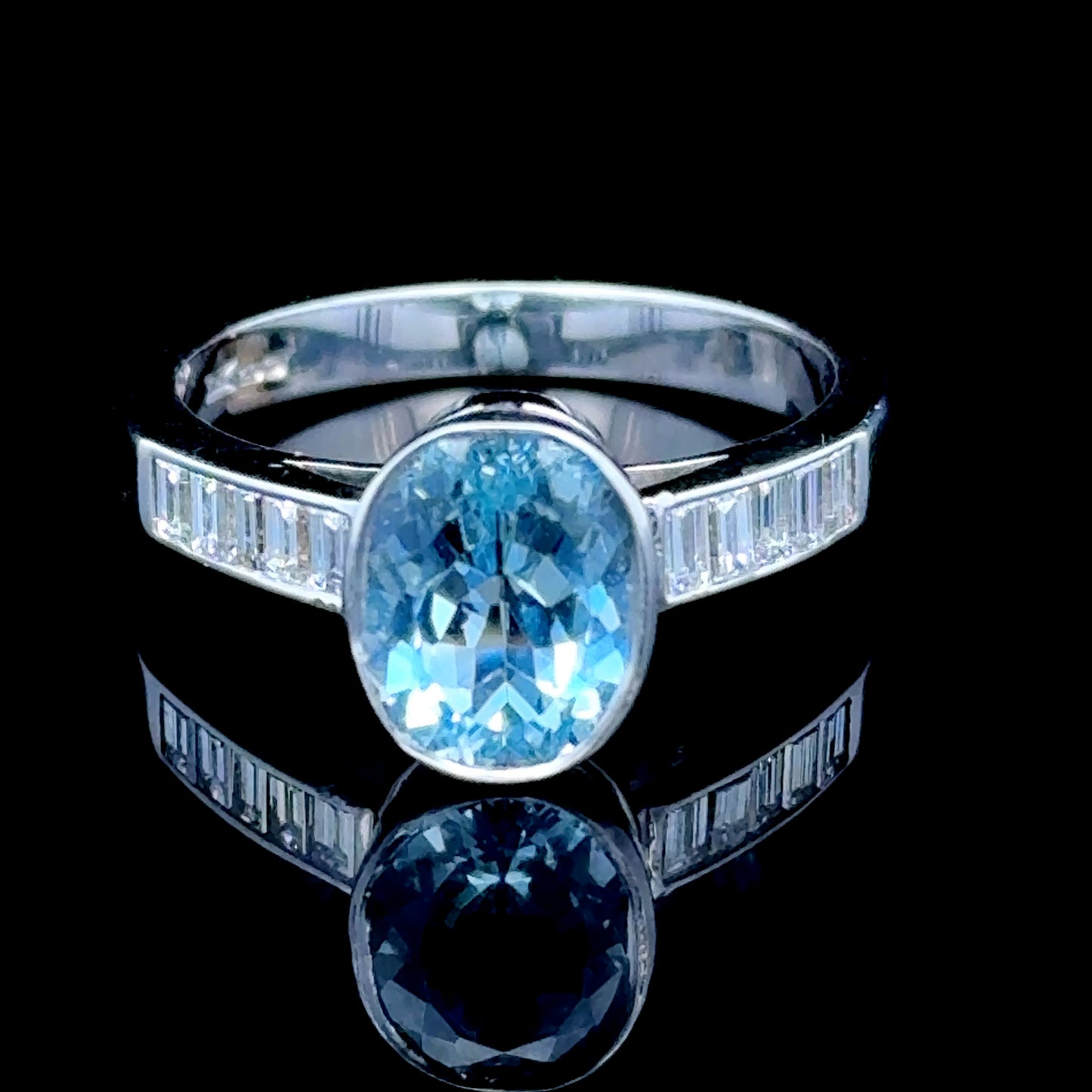 18K White Gold Baguette Diamond & Aqua Ring