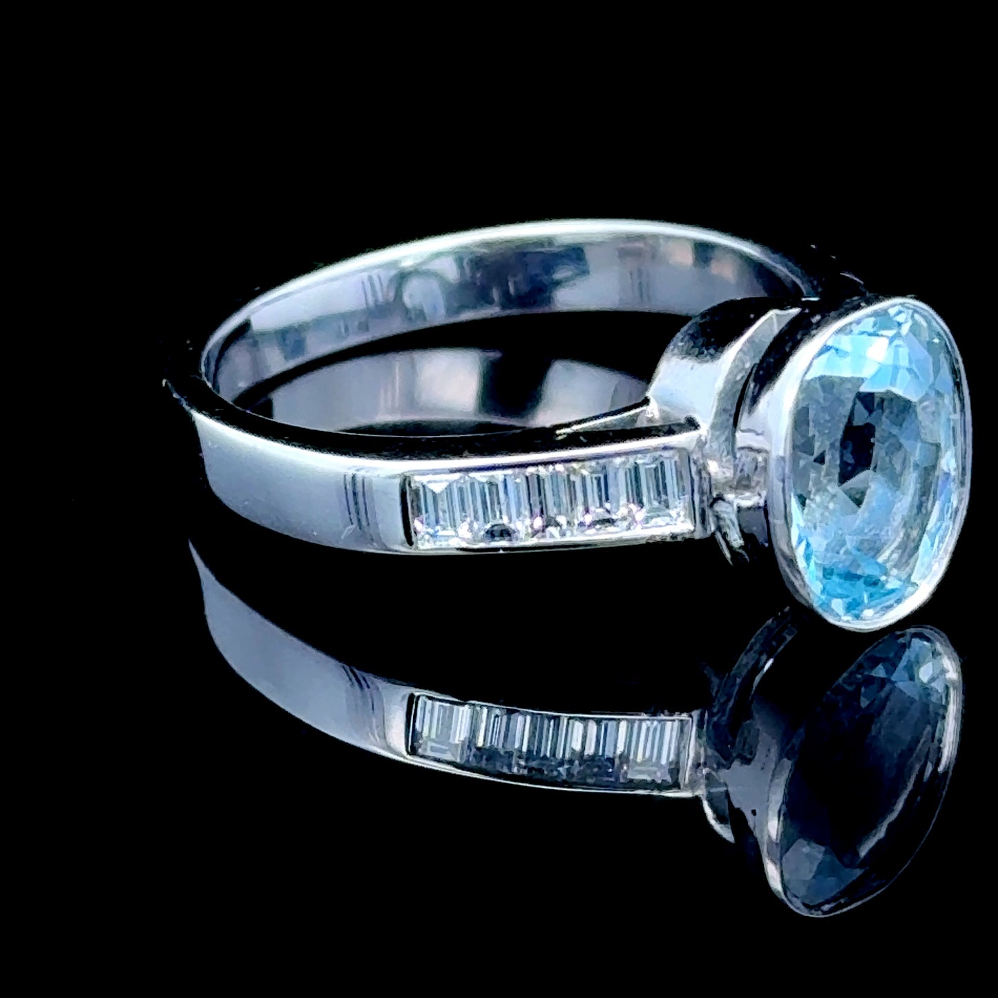 18K White Gold Baguette Diamond & Aqua Ring
