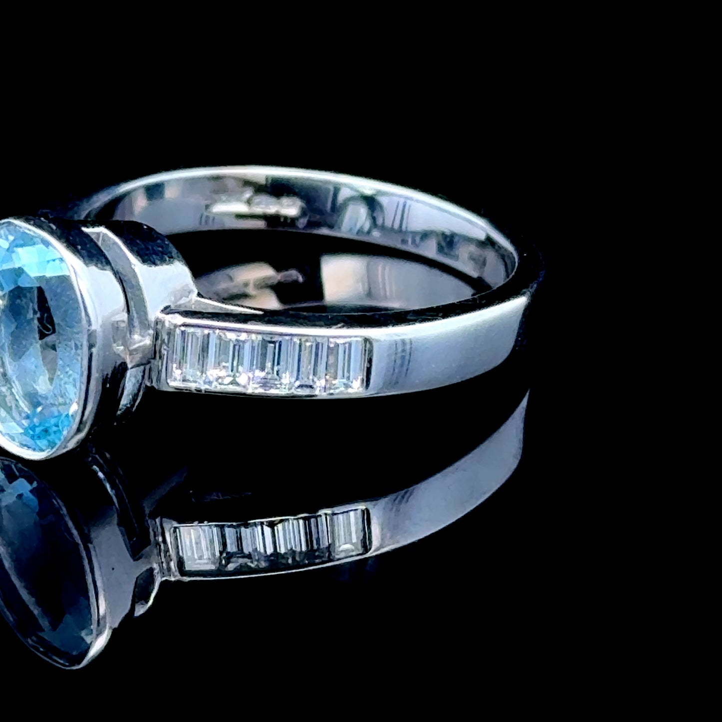 18K White Gold Baguette Diamond & Aqua Ring
