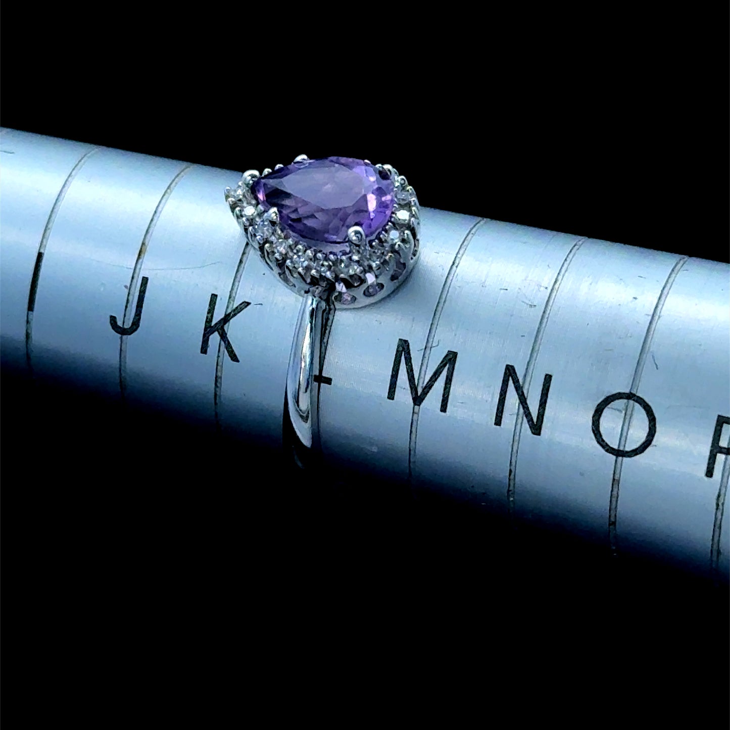 9K White Gold Amethyst Pear & Diamond Halo Ring