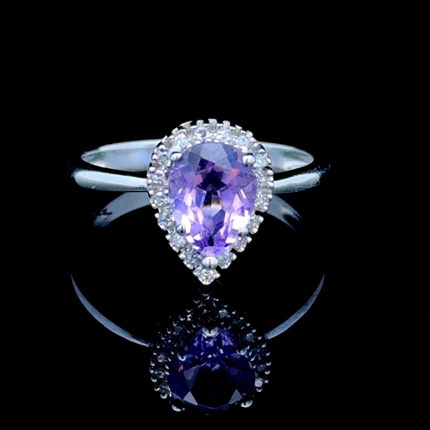 9K White Gold Amethyst Pear & Diamond Halo Ring