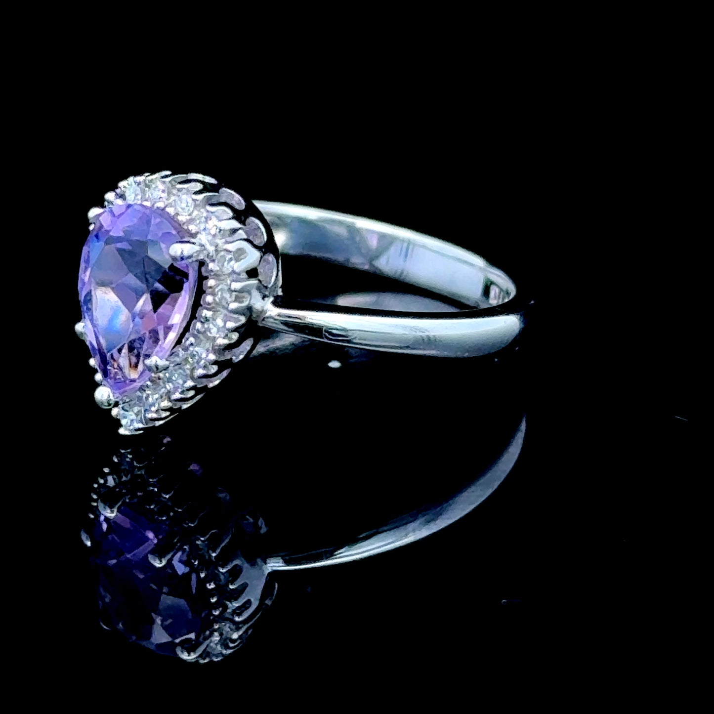 9K White Gold Amethyst Pear & Diamond Halo Ring