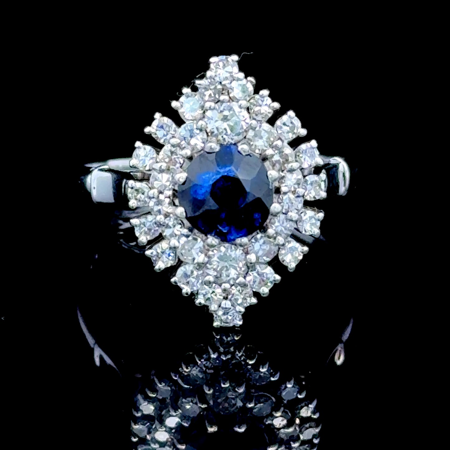 18K White Gold Marquise Shape Diamond & Sapphire Cluster Ring