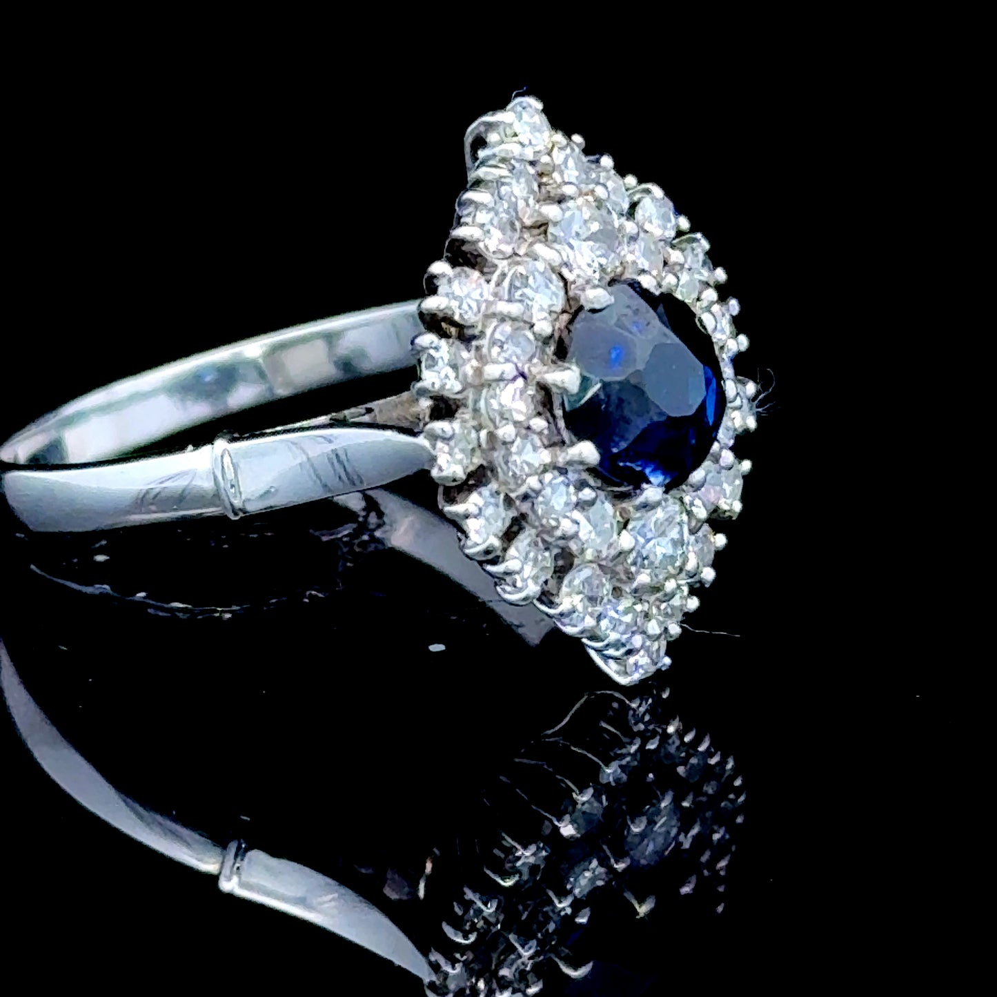 18K White Gold Marquise Shape Diamond & Sapphire Cluster Ring