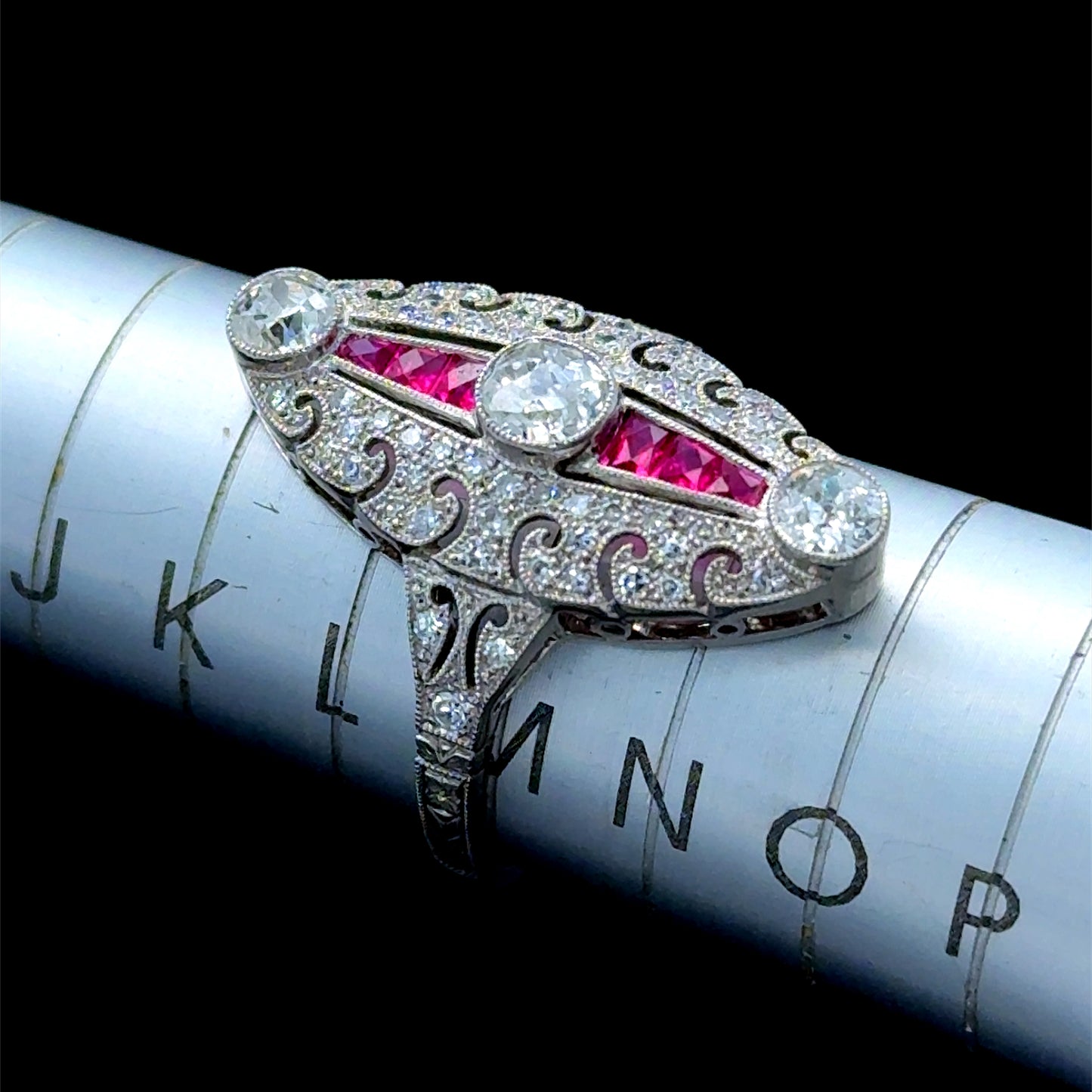 Platinum Ruby & Diamond Deco Style Cocktail Ring Size M