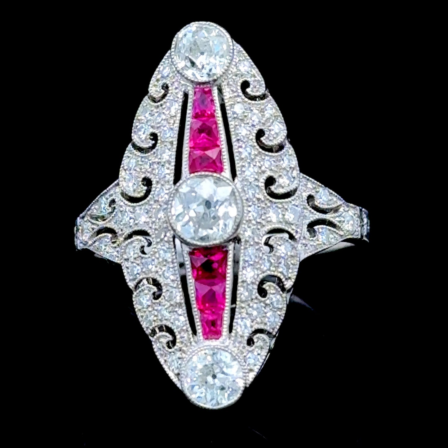 Platinum Ruby & Diamond Deco Style Cocktail Ring Size M