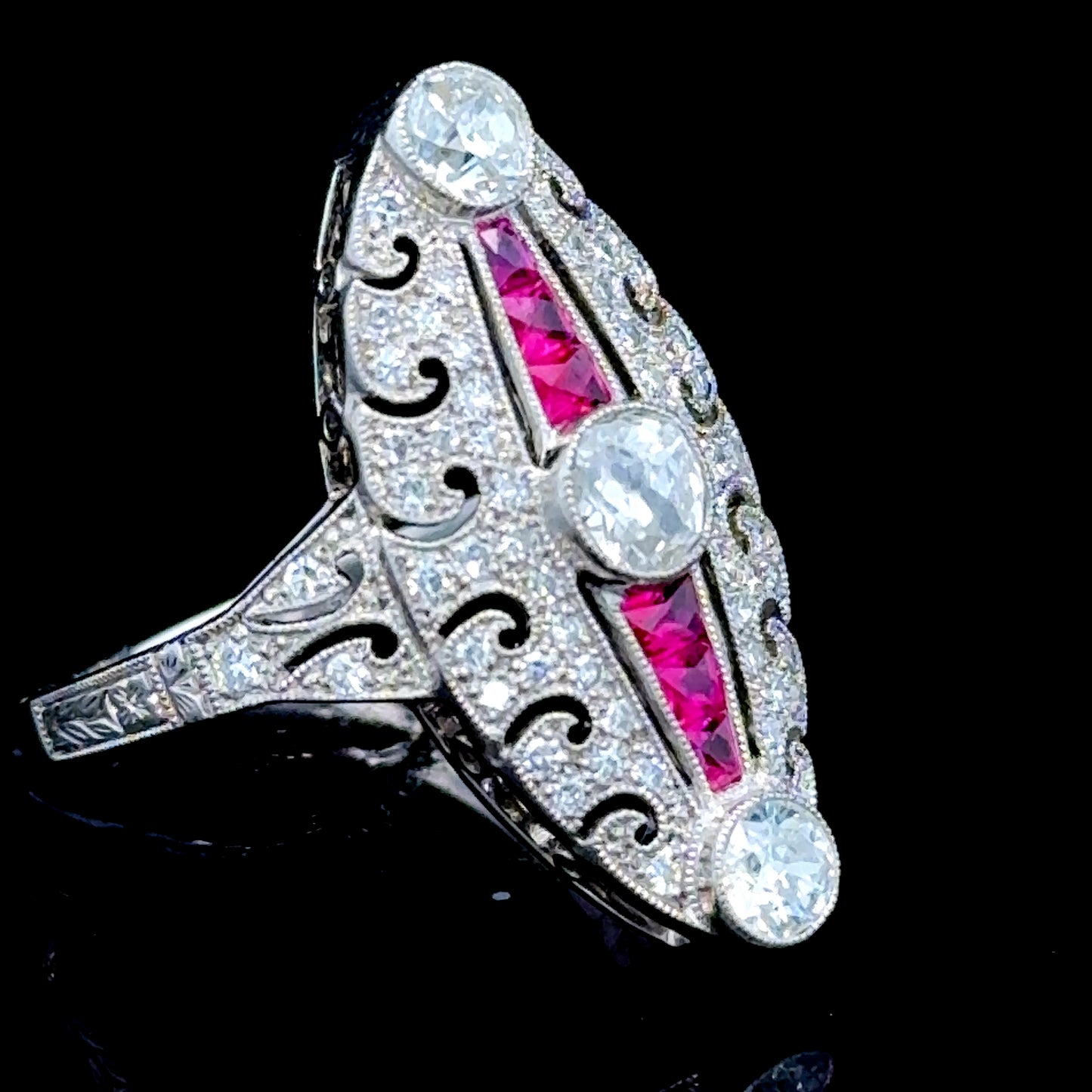 Platinum Ruby & Diamond Deco Style Cocktail Ring Size M