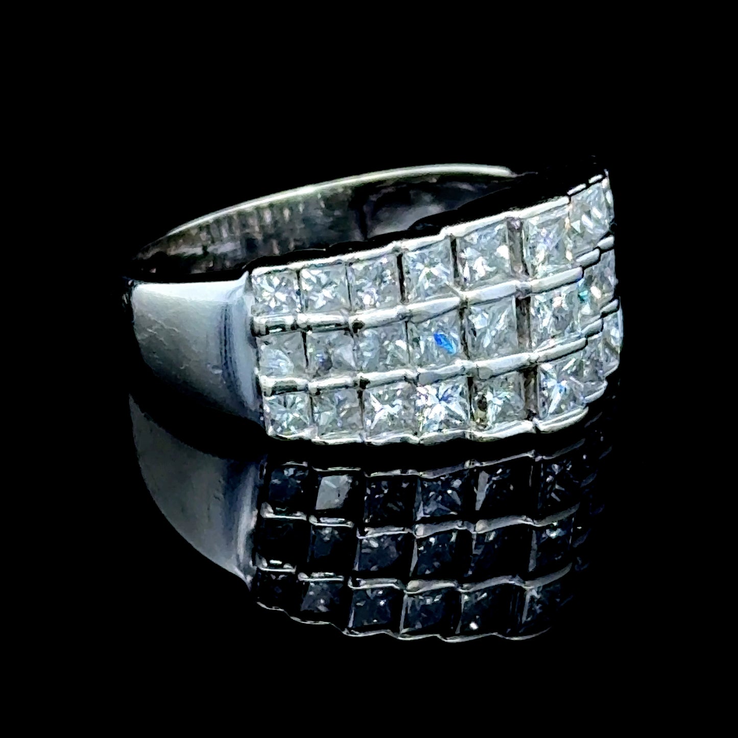 14K White Gold Princess Diamond Across Finger Cluster APPX 1.5 CTS