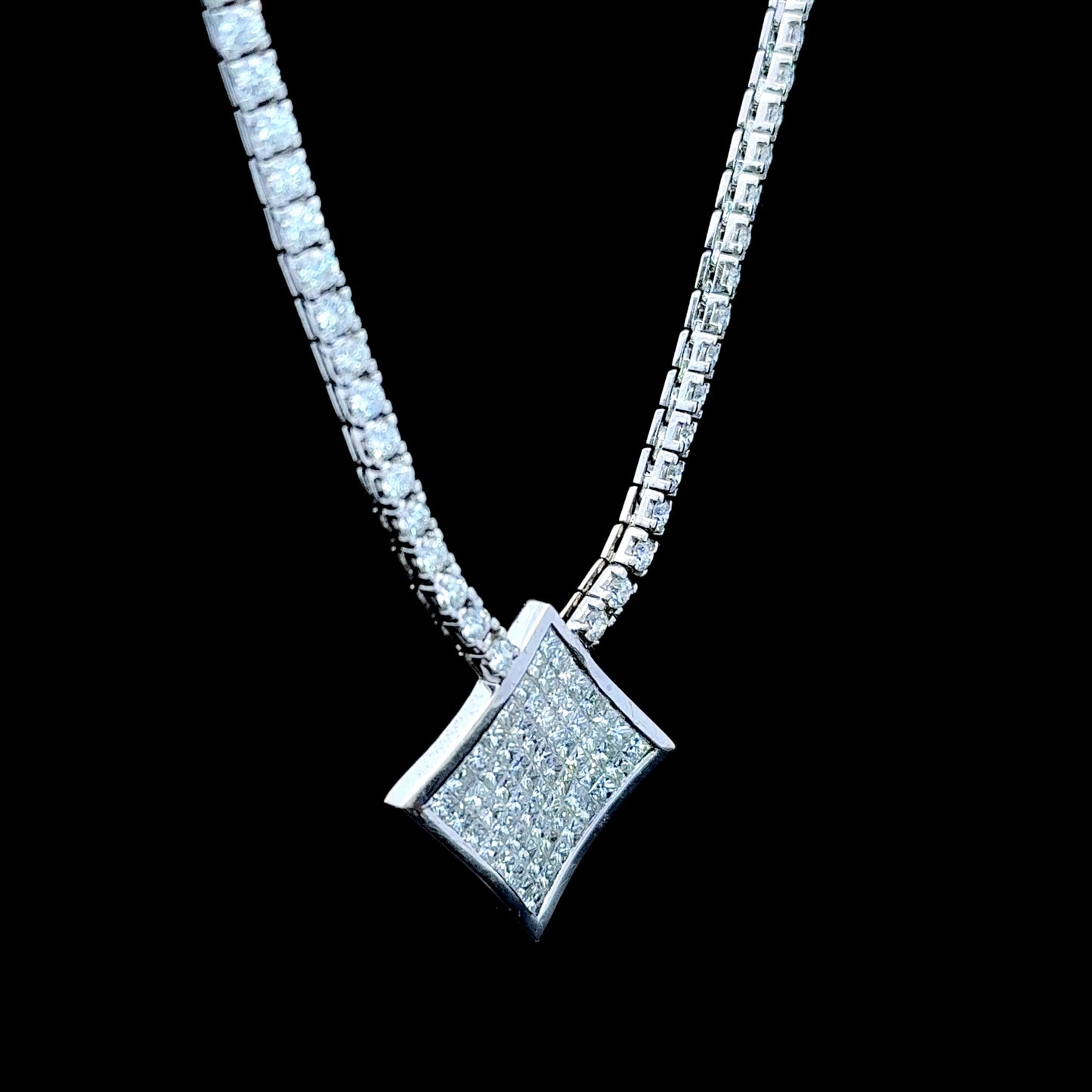 18K White Gold Diamond Line Necklace Princess Pendant APPX 8 CTS Total