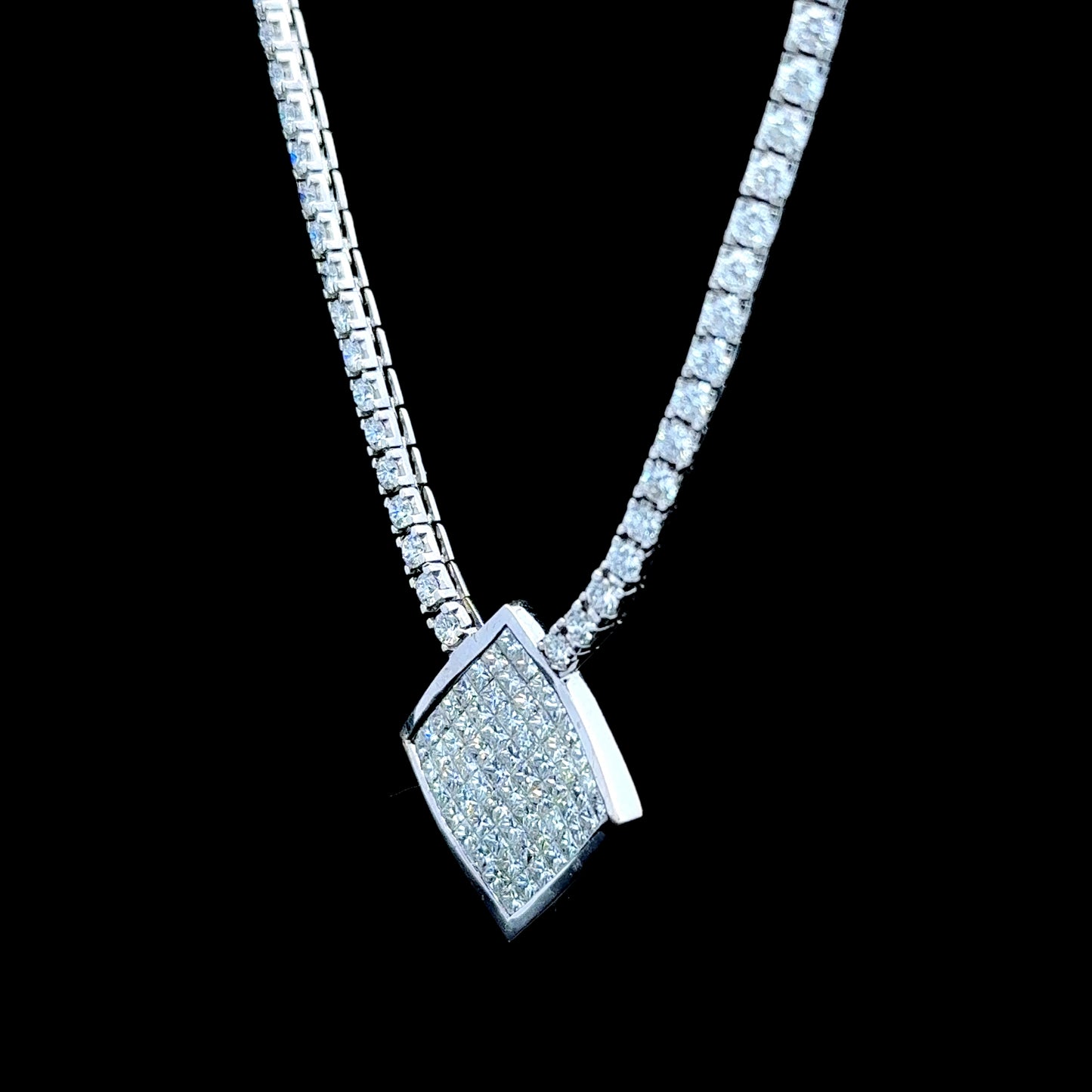 18K White Gold Diamond Line Necklace Princess Pendant APPX 8 CTS Total
