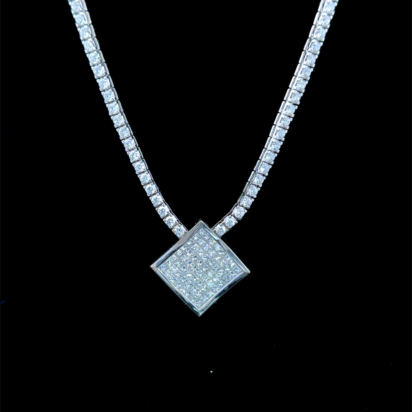 18K White Gold Diamond Line Necklace Princess Pendant APPX 8 CTS Total