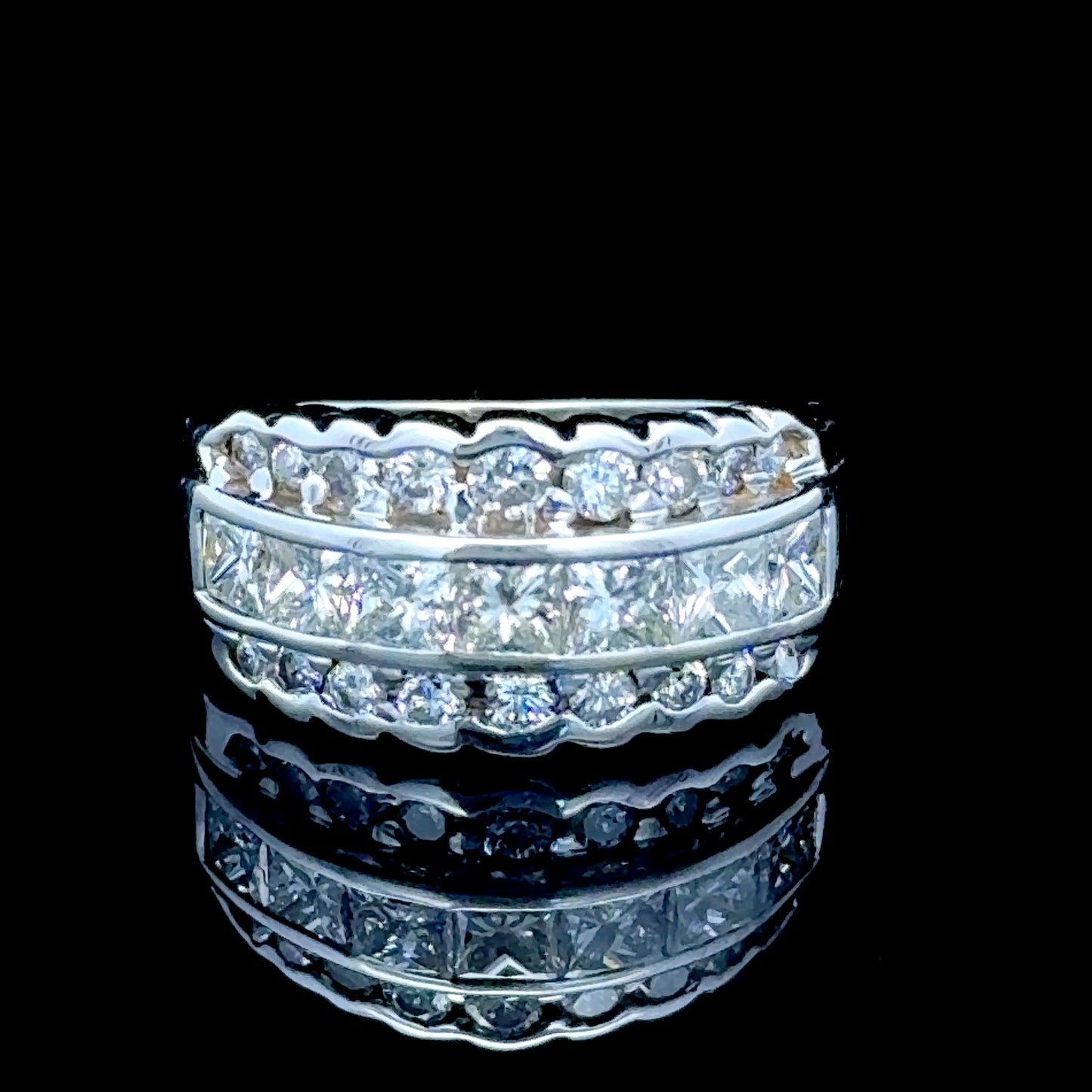 14K White Gold Princess & Round Diamond Band Ring APPX 1.5 CTS