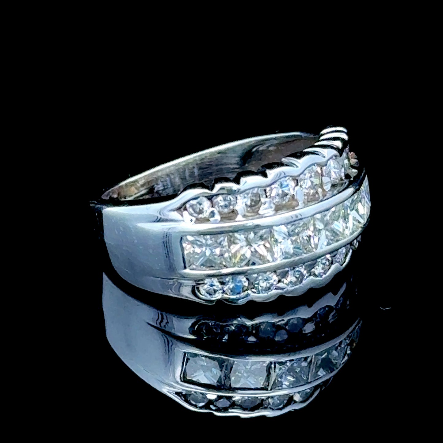 14K White Gold Princess & Round Diamond Band Ring APPX 1.5 CTS