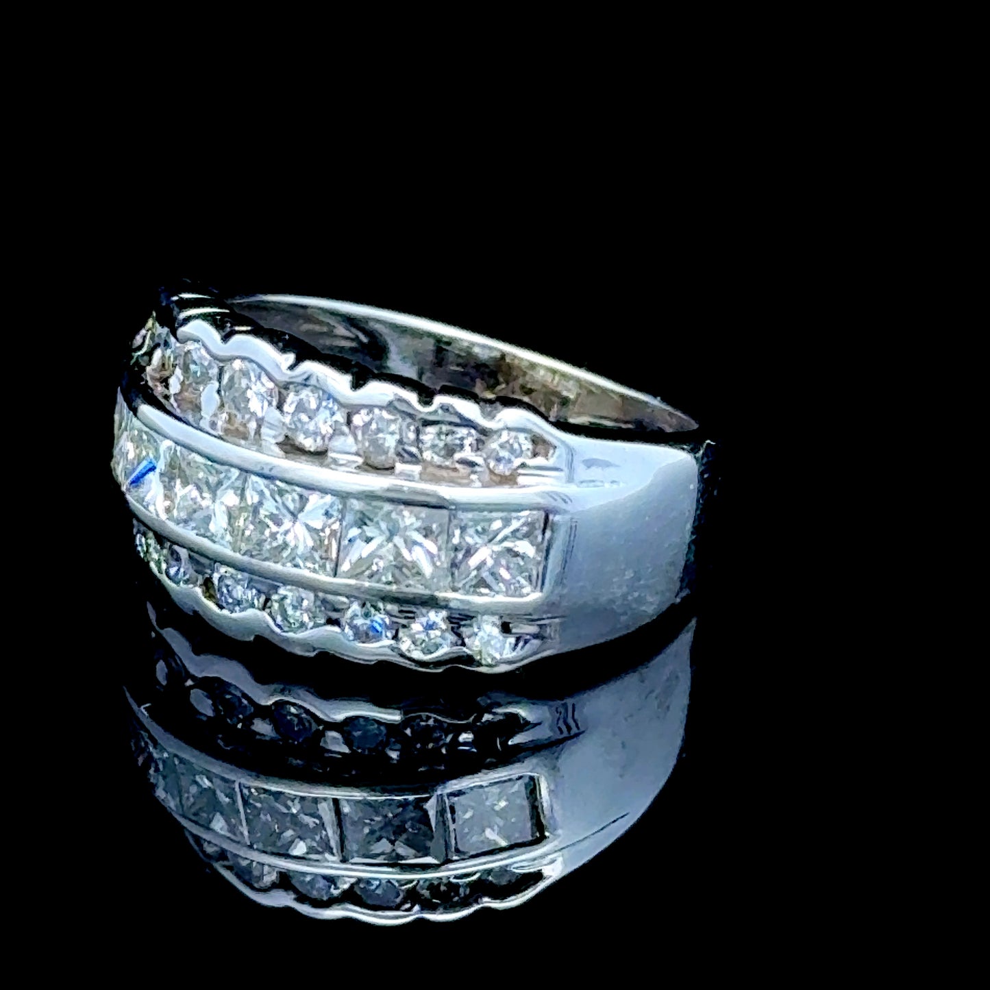 14K White Gold Princess & Round Diamond Band Ring APPX 1.5 CTS