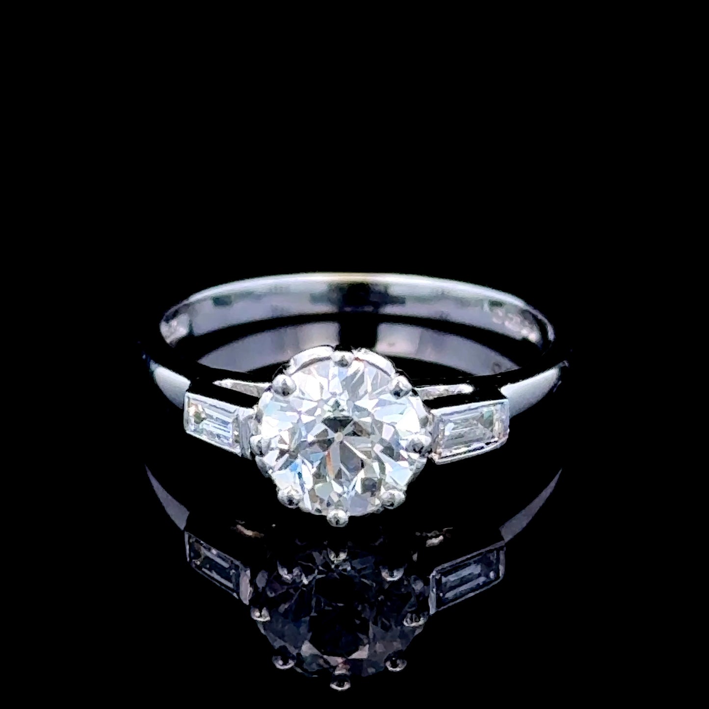 18K White Gold Diamond Solitaire Ring With Baguette Shoulders APPX C:1.0 CTS Total:1.2 CTS