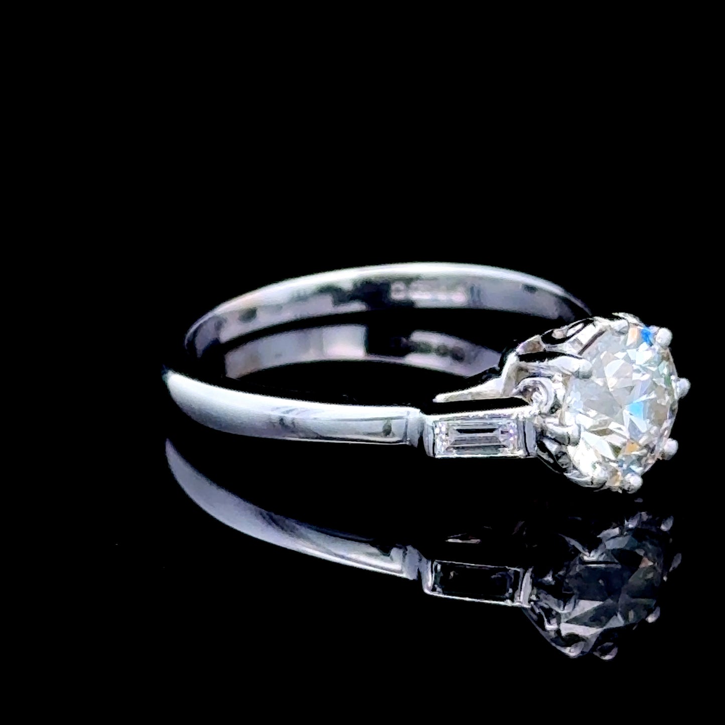 18K White Gold Diamond Solitaire Ring With Baguette Shoulders APPX C:1.0 CTS Total:1.2 CTS