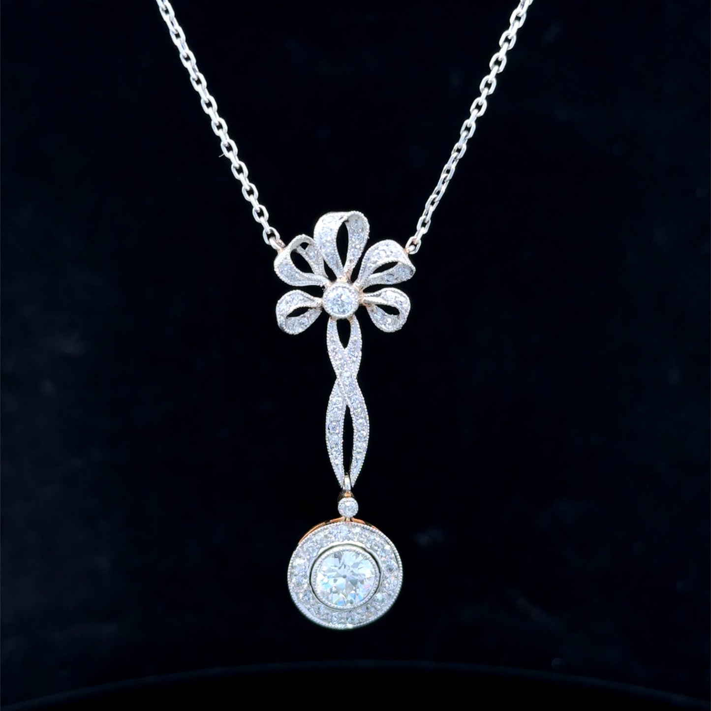 18K White Gold Diamond Bow Pendant & Chain APPX 2 CTS