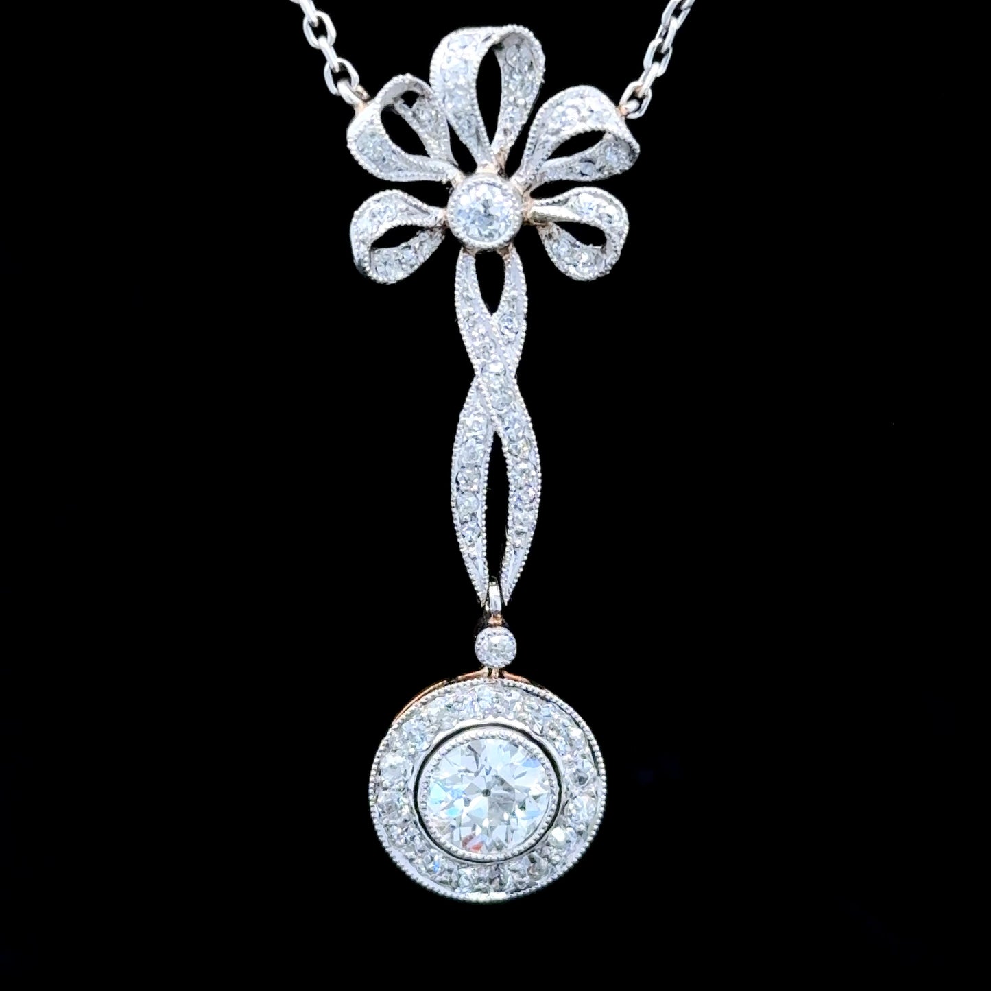 18K White Gold Diamond Bow Pendant & Chain APPX 2 CTS