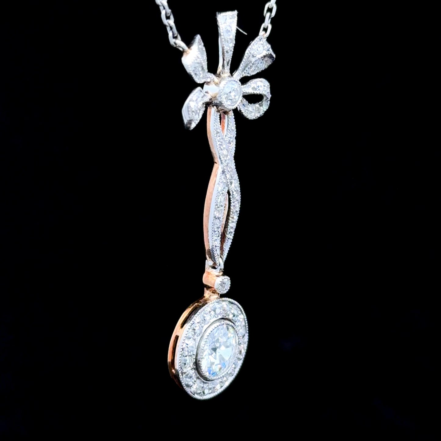 18K White Gold Diamond Bow Pendant & Chain APPX 2 CTS
