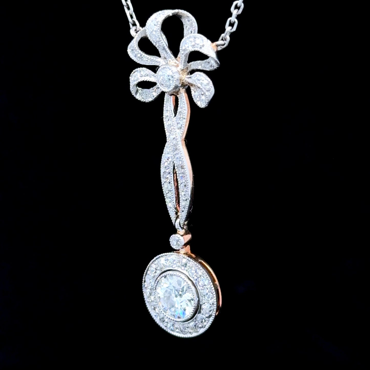 18K White Gold Diamond Bow Pendant & Chain APPX 2 CTS