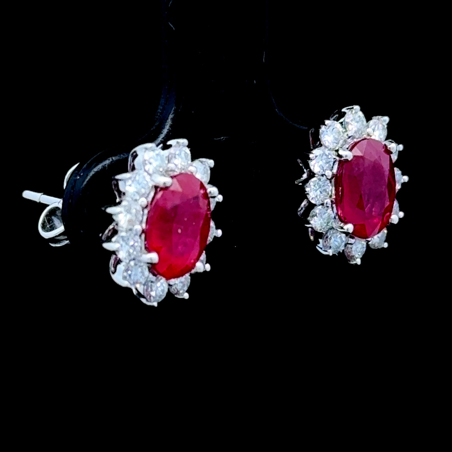 White Gold Ruby& Diamond Cluster Earrings