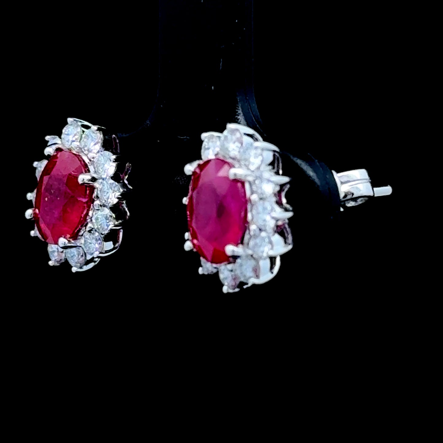White Gold Ruby& Diamond Cluster Earrings