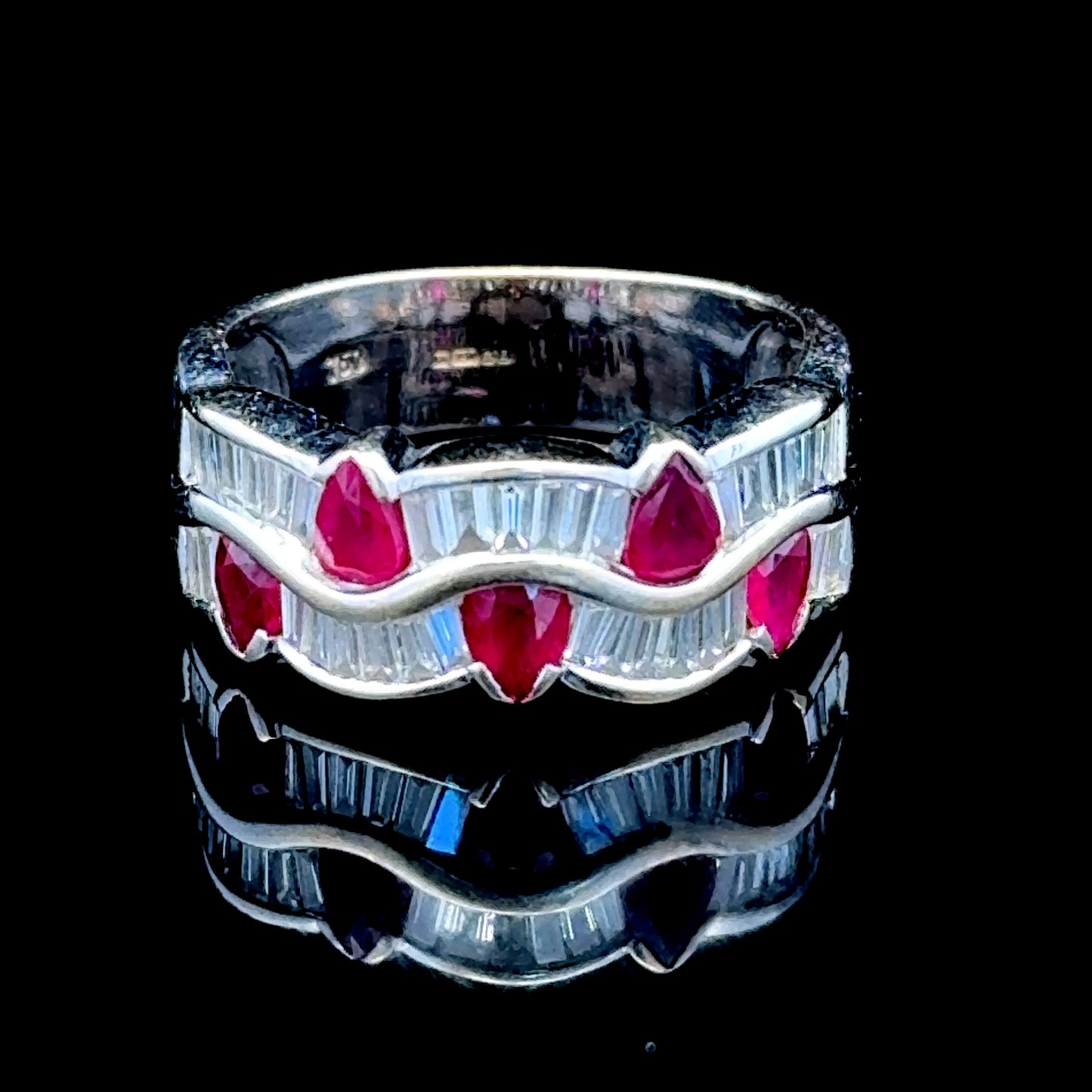 18k White Gold Ruby & Diamond Wave Ring Size N