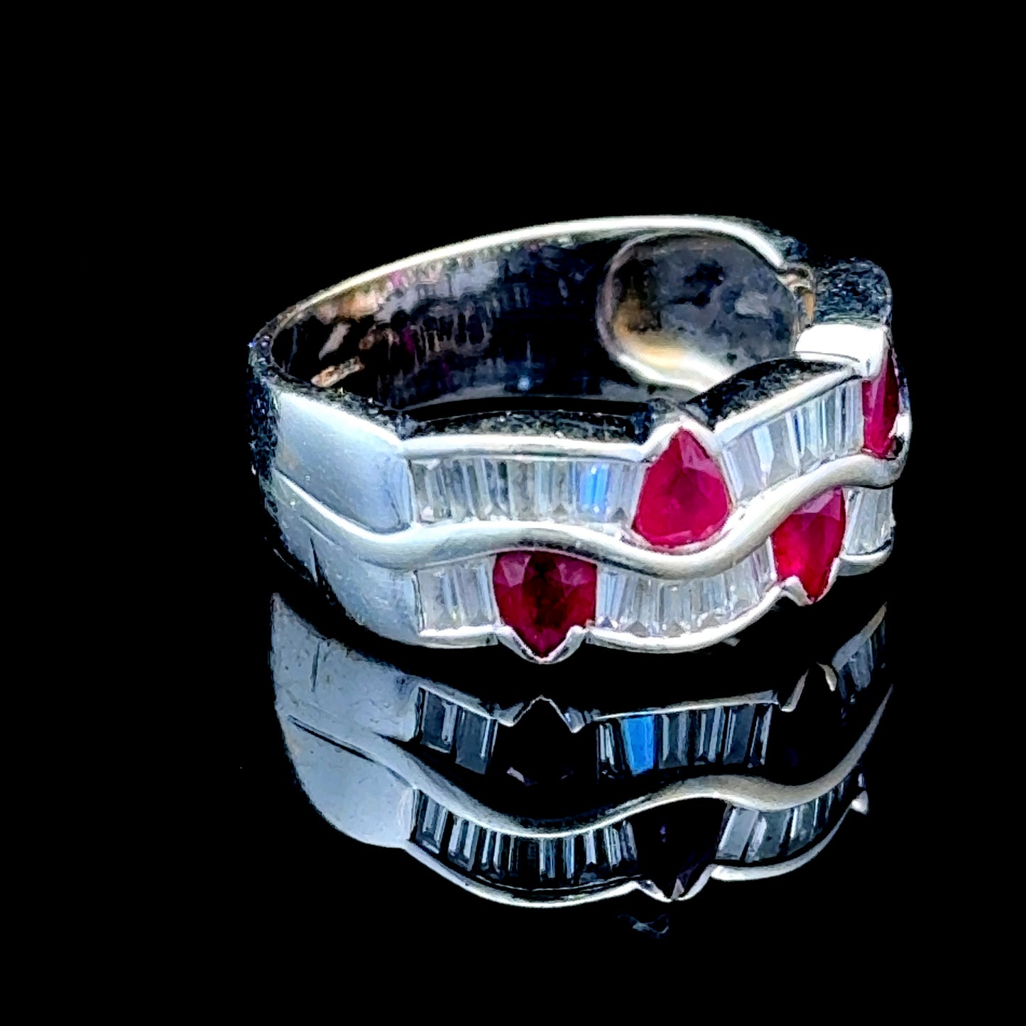 18k White Gold Ruby & Diamond Wave Ring Size N