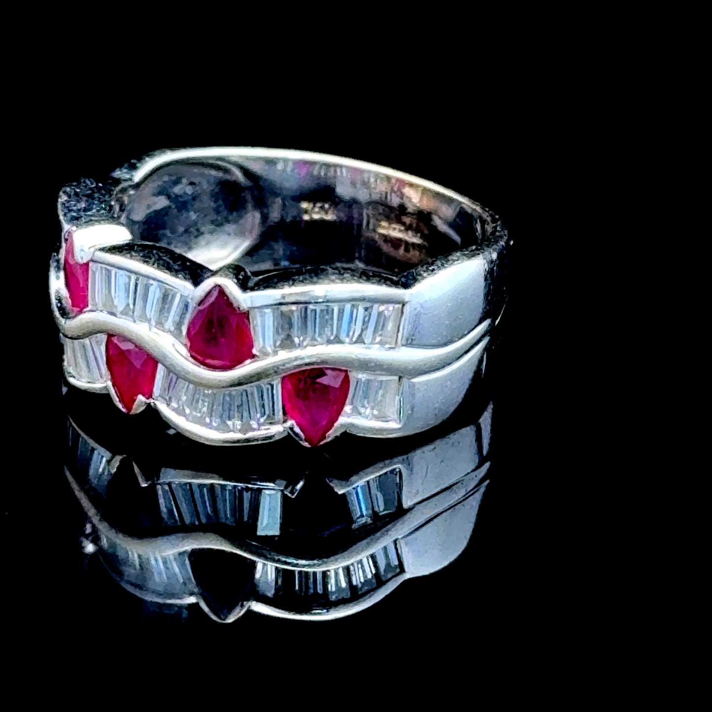 18k White Gold Ruby & Diamond Wave Ring Size N