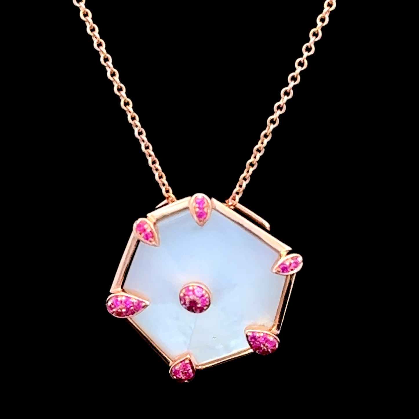 18K Rose Gold Ruby & Mother of Pearl Pandant & Chain 18"
