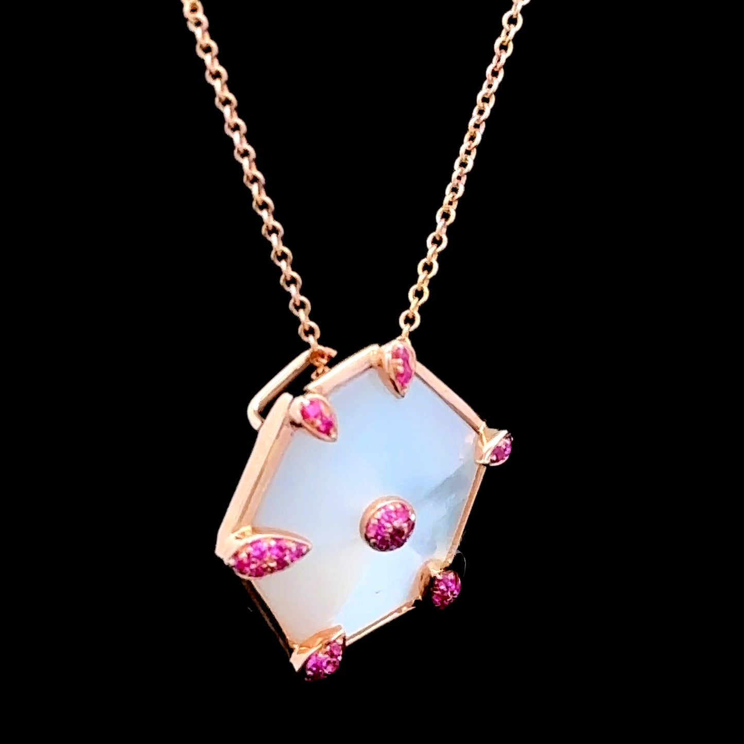 18K Rose Gold Ruby & Mother of Pearl Pandant & Chain 18"