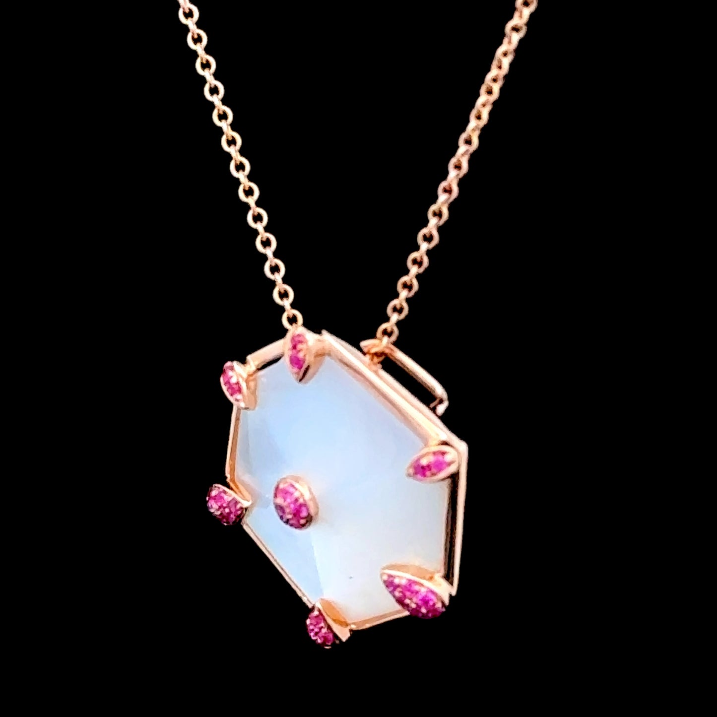 18K Rose Gold Ruby & Mother of Pearl Pandant & Chain 18"
