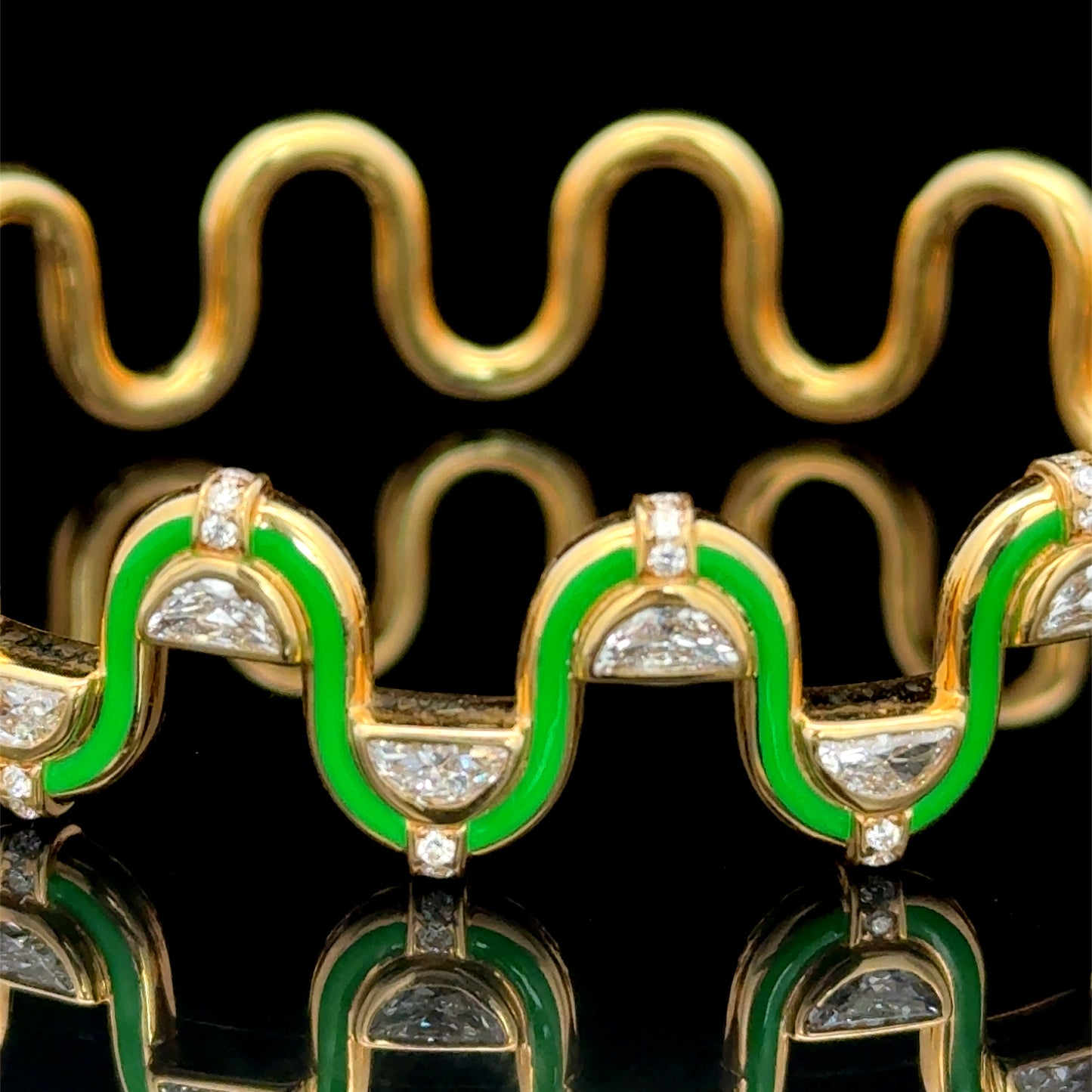 18K Yellow Gold Diamond & Green Enamel Katrina Perez Edessa Bangle APPX 2 CTS