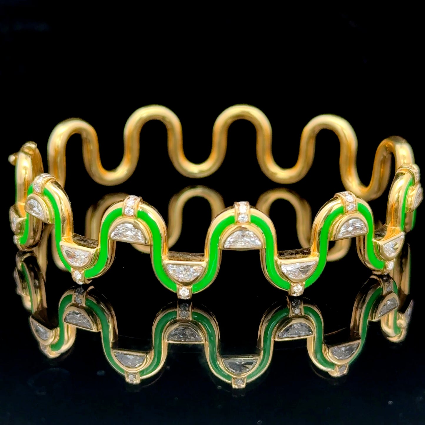 18K Yellow Gold Diamond & Green Enamel Katrina Perez Edessa Bangle APPX 2 CTS