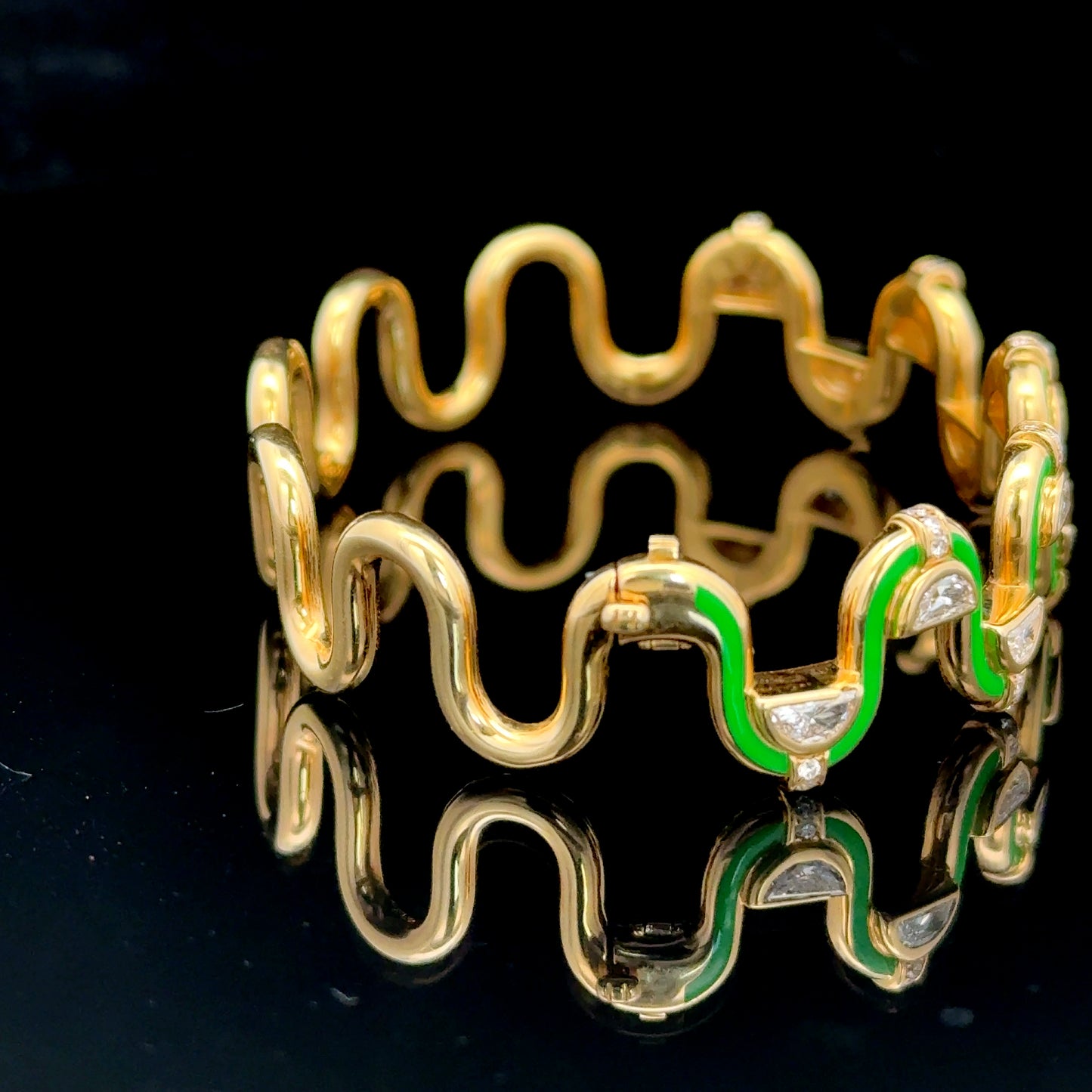 18K Yellow Gold Diamond & Green Enamel Katrina Perez Edessa Bangle APPX 2 CTS