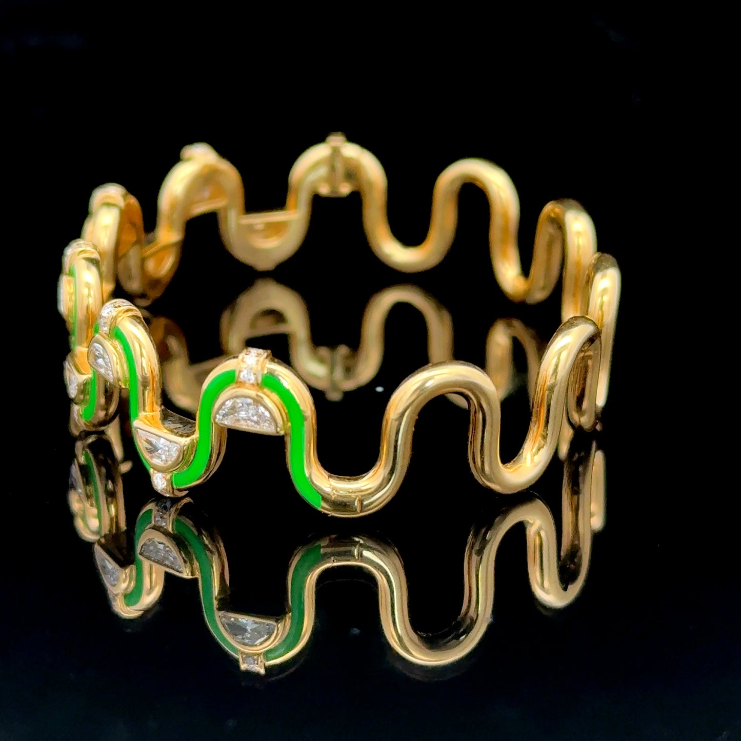 18K Yellow Gold Diamond & Green Enamel Katrina Perez Edessa Bangle APPX 2 CTS