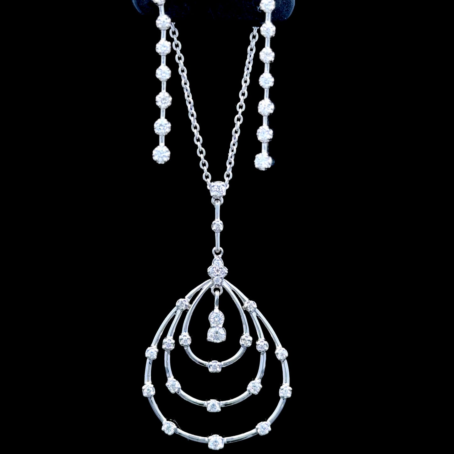 18K White Gold Oval Diamond Pendant & Line Earring Set