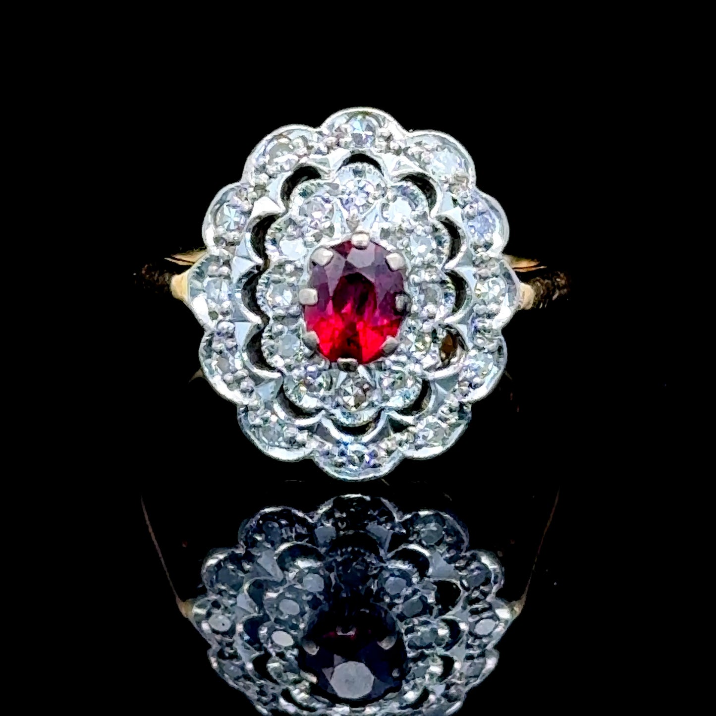 18K Yellow Gold Ruby & Diamond Cluster Ring
